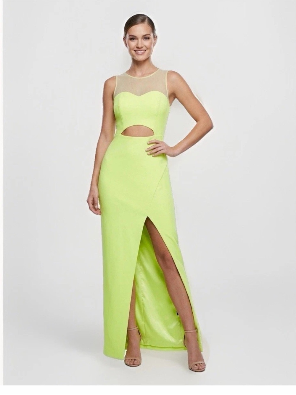 Bebe Lime Green Gown Maxi Mesh Cut Out  Hi Thigh Slit Size Small